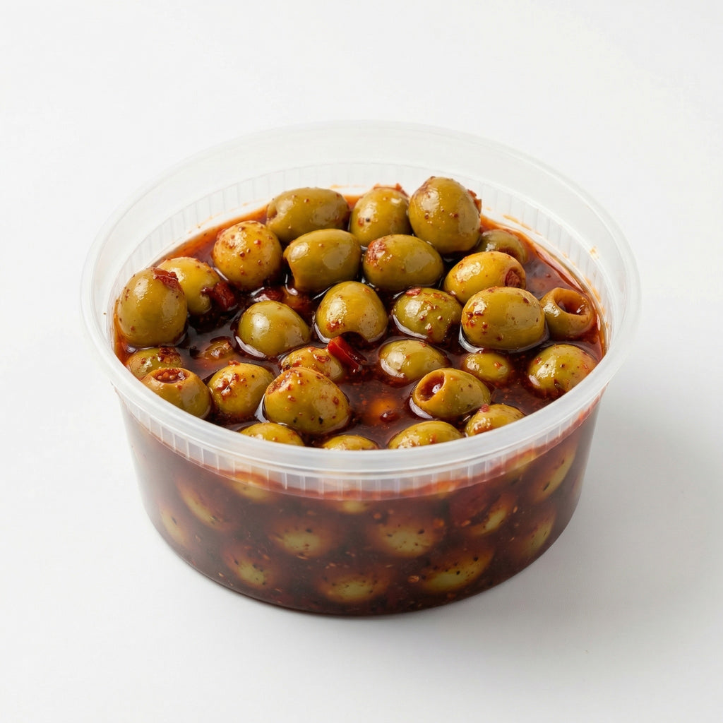Chamoy green olives coated in sweet, sour, and spicy chamoy with chili powder for a bold Mexican snack flavor, made fresh in Cibolo and serving San Antonio, TX