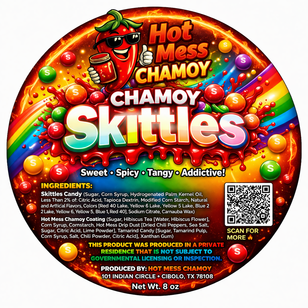 Chamoy skittles candy coated in sweet, sour, and spicy chamoy with chili powder, made fresh in Cibolo and serving San Antonio, TX