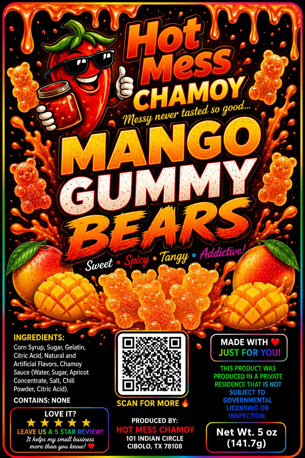 Chamoy Mango Gummy Bears | Hot Mess Minis (5oz)